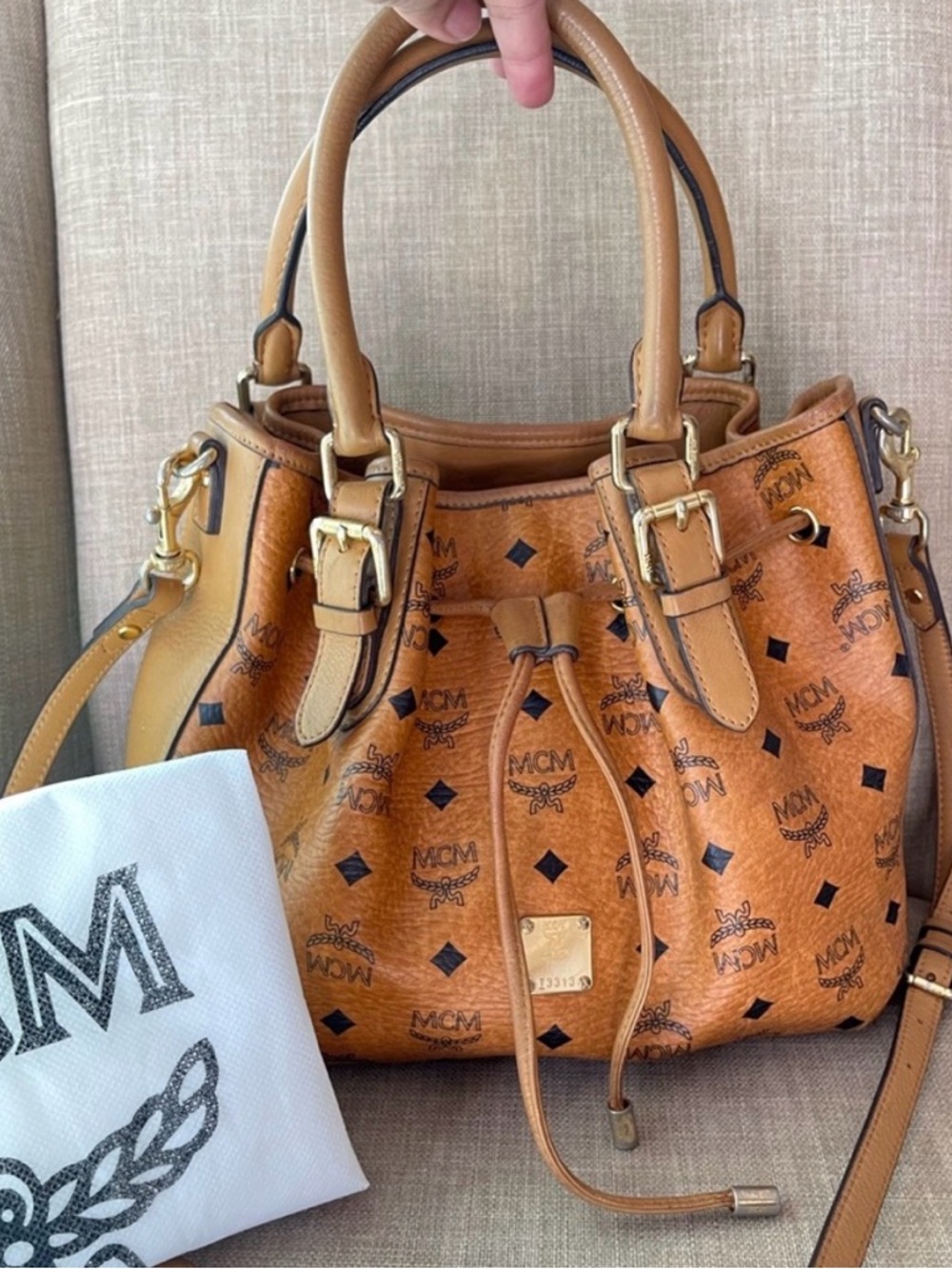 MCM Tan Visetos Logo Drawstring Bucket Shoulder Bag